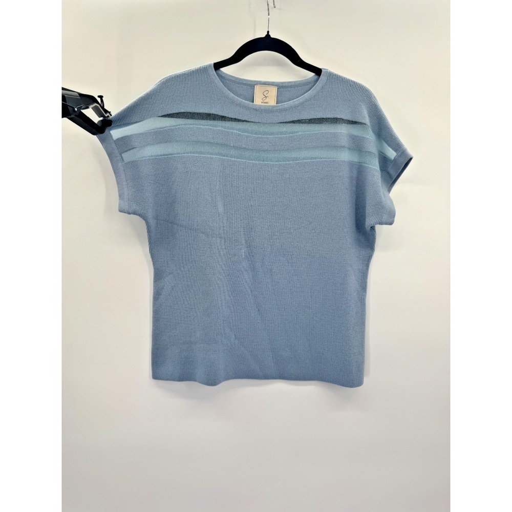 Sioni Blue Short Sleeve Knit Sweater Medium Stretch Sheer Mesh Inlay Cottagecore - Picture 2 of 12
